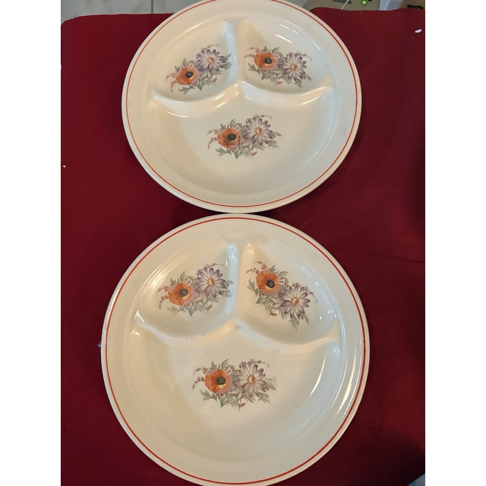 Vintage Universal Cambridge Divided Grill Plates Set of 2 Floral Poppies USA